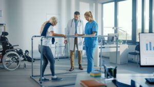 A senior woman with a disability takes her first steps using parallel bars, assisted by her physiatrist and primary care doctor during a hospital physical therapy session.